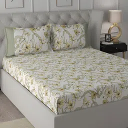 MASPAR Backyard Patio Yellow Floral Printed 200TC Cotton Single Bedsheet With Pillow Cover-picture-27