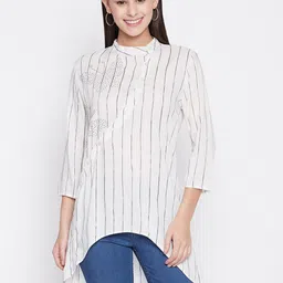 BAESD Vertical Stripes Mandarin Collar Shirt Style Longline Top-picture-40