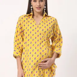 angloindu Floral Printed Cotton Shirt Style Maternity Longline Top-image-21