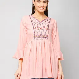 Winza Designer Ethnic Motifs Embroidered Bell Sleeve Longline Peplum Top-image-83