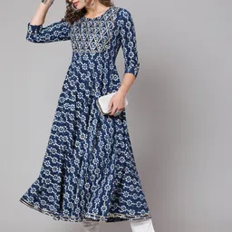 GLAM ROOTS Women Blue Printed Flared Sleeves Thread Work Indigo Anarkali Kurta-picture-40