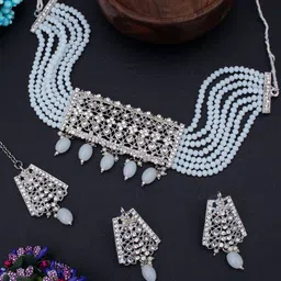 Sukkhi Rhodium-plated Silver-Toned & Grey Stone-Studded & Pearl Beaded Jewellery Set-picture-14