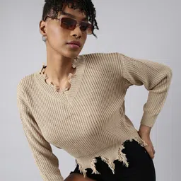 SHOWOFF Striped V-Neck Fringed Long Sleeves Boxy Regular Top-picture-39