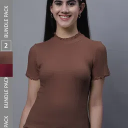 FBAR Pack Of 2 High Neck Bio Washed Pure Cotton Ribbed Tops-picture-19