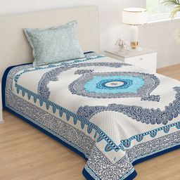 Story@home White & Blue Ethnic Motifs 210 TC Single Bedsheet with 1 Pillow Covers-picture-8