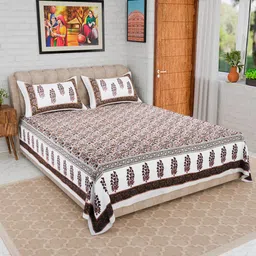 CURIOUS LIFESTYLE Brown & White Printed Cotton 300 TC King Bedsheet with 2 Pillow Covers-image-97