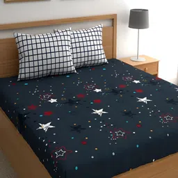 Srijee Decors Navy Blue & White Graphic 210 TC Fitted King Bedsheet With 2 Pillow Covers-image-67