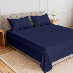 CURIOUS LIFESTYLE Navy Blue Striped 300 TC Queen Bedsheet with 2 Pillow Covers-image-6