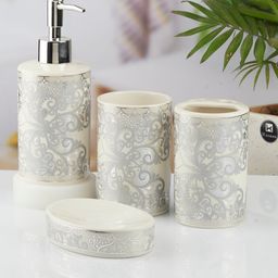 Kookee Silver-Toned & White 4 Piece Floral Printed Ceramic Bath Accessories Set-picture-46