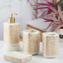 Kookee White & Gold Toned 4 piece Geometric Printed Ceramic Bath Accessories Set-picture-0