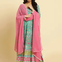 W Green Floral Printed Anarkali Thread Work Kurta With Leggings And Dupatta image 1