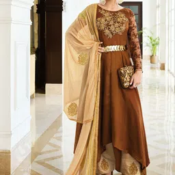 ODETTE Brown & Beige Embroidered Semi-Stitched Dress Material-picture-23