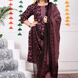 KALINI Plus Size Floral Printed Pure Cotton Kurta with Trousers & Dupatta-picture-42