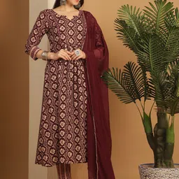 KALINI Floral Printed Notched Neck Pleated A-Line Kurta with Trousers & Dupatta-picture-22