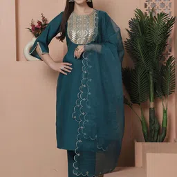 KALINI Floral Yoke Design Regular Sequinned Straight Kurta With Trousers & Dupatta image 1