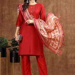 Nayam By Lakshita Round Neck Regular Mukaish Straight Kurta with Palazzos & With Dupatta-picture-3