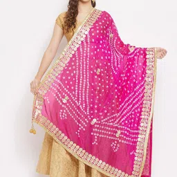 Clora Creation Magenta & White Bandhani Tie and Dye Dupatta with Gotta Patti-picture-26