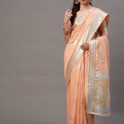 Mitera Peach-Coloured & Silver-Toned Floral Banarasi Saree-picture-36