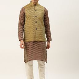 SOJANYA Men Maroon & Beige Woven Design Kurta with Churidar & Nehru Jacket-picture-47