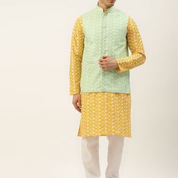 SOJANYA Men Yellow & White Embroidered Thread Work Kurta with Churidar & Nehru Jacket-picture-48