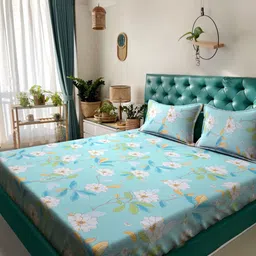 KLOTTHE Blue & White Floral Printed 300TC Double King Bedsheet With 2 Pillow Covers-image-99