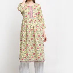 KALINI Women Mustard Yellow Floral Printed Aari Work Cotton Kurta with Palazzo & Dupatta-picture-24