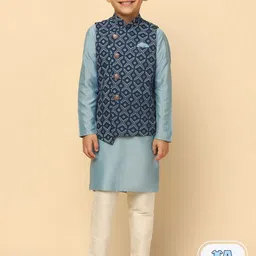 KISAH Boys Mandarin Collar Kurta with Pyjamas With Printed Nehru Jacket-picture-40