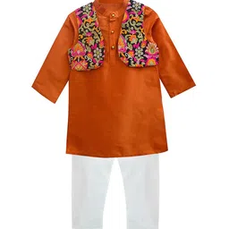 a.t.u.n. A T U N Boys Orange Regular Kurta with Pyjamas & Embroidered Jacket-picture-21