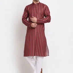 KRAFT INDIA Men Red Striped Regular Pure Cotton Kurta with Pyjamas image 1