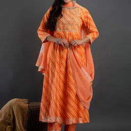 Kesarya Women Orange Bandhani Leheriya Flared Anarkali Kurta with Trouser and dupatta-picture-32
