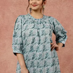 Jaipur Kurti Floral Printed Puff Sleeves A-Line Kurta with Trouser image 1