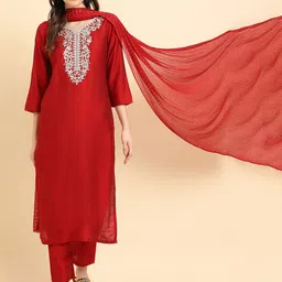 Varanga Red Ethnic Motifs Yoke Design Thread Work Kurta Wth Trousers & Dupatta-picture-35