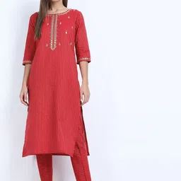 Vishudh Women Red Embroidered Pure Cotton Kurta with Trousers-picture-13