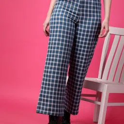 Popwings Women Checked Smart Straight Fit High-Rise Easy Wash Cotton Parallel Trousers-picture-13