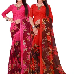 SAADHVI Pack of 2 Magenta & Red Floral Pure Georgette Sarees-picture-11