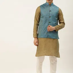 SOJANYA Men Olive Green & Blue Jacquard Ethnic Motifs Straight Kurta with Churidar-picture-29