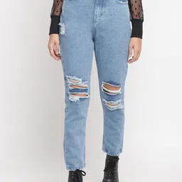 Belliskey Women Blue Boyfriend Fit Mildly Distressed Stretchable Jeans-image-64