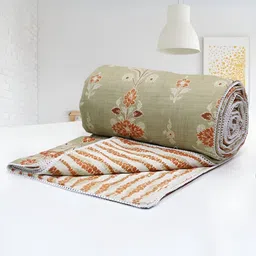 Aurave Green & White Floral AC Room 150 GSM Double Bed Dohar-image-5