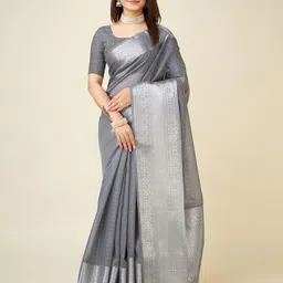 RAJ DHARMA SILK Checked Zari Pure Linen Banarasi Saree-picture-21
