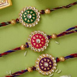 eCraftIndia Set of 3 Meenakari Designer Rakhi with Roli Chawal image 1