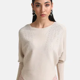 Kazo Women Beige & Silver Ribbed Pullover with Embellished Detail-picture-25