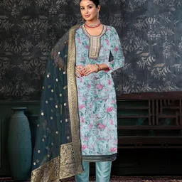 KALINI Floral Printed Beads & Stones Detailed Organza Unstitched Dress Material-picture-27