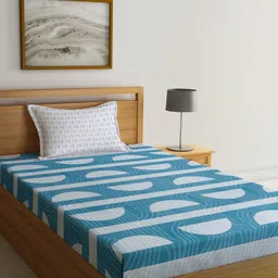 KLOTTHE Blue & White Geometric Printed 300TC Single Bedsheet With 1 Pillow Cover-image-15