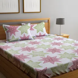 KLOTTHE Pink & Green Geometric Printed 300 TC King Bedsheet With 2 Pillow Covers-image-17