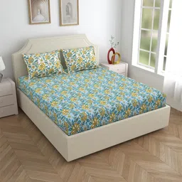 Salona Bichona Mustard & White Floral 120 TC King Bedsheet with 2 Pillow Covers-image-19