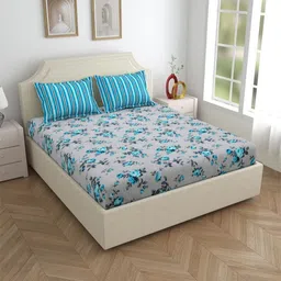Salona Bichona Turquoise Blue & White Floral 120 TC King Bedsheet with 2 Pillow Covers-picture-27