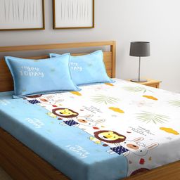 Arrabi Blue & White Cartoon Characters Printed 300 TC King Bedsheet with 2 Pillow Covers-picture-30