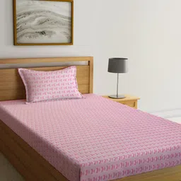 KLOTTHE Pink Geometric Printed 300 TC Fitted Single Bedsheet With Pillow Cover-image-7