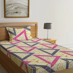 KLOTTHE Blue & Cream Colored Geometric Printed 300TC Single Bedsheet With 1 Pillow Cover-image-76