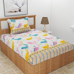 MORADO Off White & Yellow Conversational Printed 210 TC Single Bedsheet with 1 Pillow Covers-picture-27